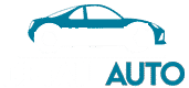 Silhouette de voiture sport bleue au-dessus du texte AUTO, logo pour service automobile.